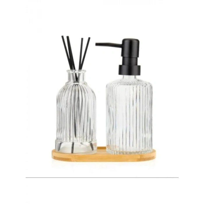 Zarif Cam Sabunluk ve Difüzör Seti - 2li Bambu Tabanlı Modern Tasarım