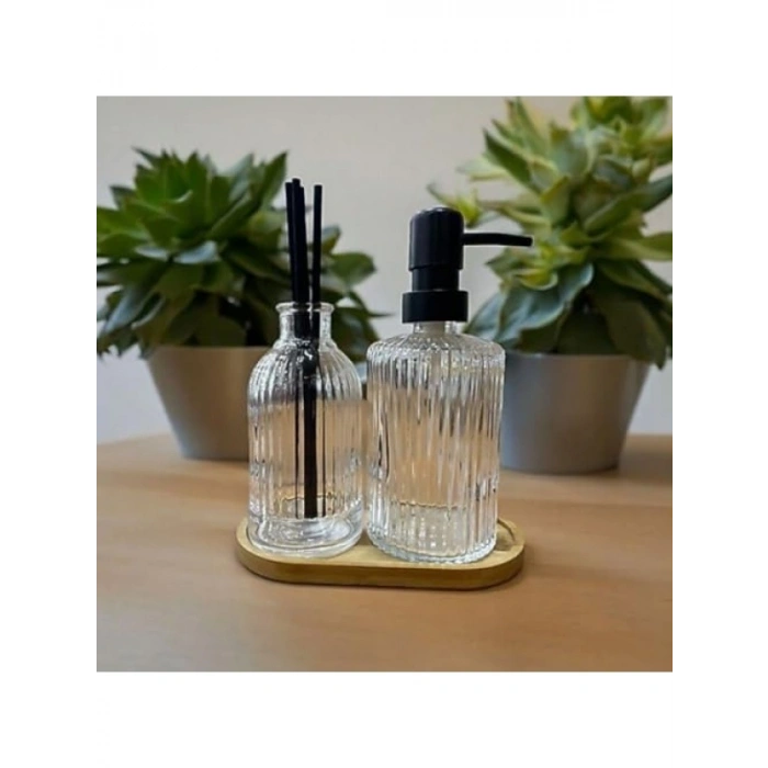 Zarif Cam Sabunluk ve Difüzör Seti - 2li Bambu Tabanlı Modern Tasarım