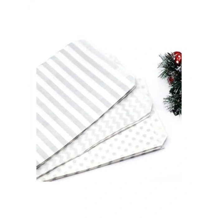 Zigzag Desenli 50 Adet Beyaz-Gümüş Kese Kağıdı (11x20 cm)
