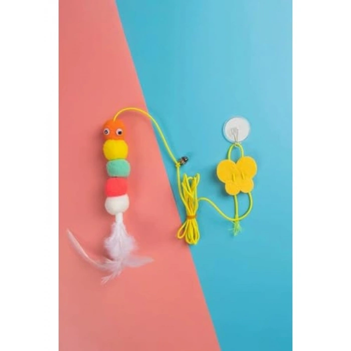 Zilli Tırtıl Kedi Oyuncağı - Kendinden Yapışkanlı, Elastik İpli