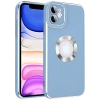 Case 4U Apple iPhone 12 Kılıf Kamera Korumalı Parlak Kenarlı Altın Işlemeli Renkli Logo Gösteren Kongo Kapak Mavi