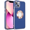 Case 4U Apple iPhone 14 Kılıf Kamera Korumalı Parlak Kenarlı Altın Işlemeli Renkli Logo Gösteren Kongo Kapak Lacivert
