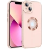 Case 4U Apple iPhone 14 Kılıf Kamera Korumalı Parlak Kenarlı Altın Işlemeli Renkli Logo Gösteren Kongo Kapak Rose Gold