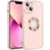Case 4U Apple iPhone 14 Kılıf Kamera Korumalı Parlak Kenarlı Altın Işlemeli Renkli Logo Gösteren Kongo Kapak Rose Gold