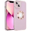 Case 4U Apple iPhone 14 Kılıf Kamera Korumalı Parlak Kenarlı Altın Işlemeli Renkli Logo Gösteren Kongo Kapak Mor