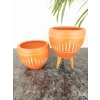 Dik Çizgi Desenli Terrakota Toprak Saksı - İkili Set - 15 cm - Ayaksız