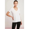 ETHIQUET Mabel Kadın 100% Pamuk V Yaka Yarım Kollu Örme Regular Fit Basıc Beyaz T-shirt