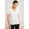 ETHIQUET Mabel Kadın 100% Pamuk V Yaka Yarım Kollu Örme Regular Fit Basıc Beyaz T-shirt