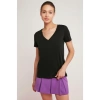 ETHIQUET Mabel Kadın 100% Pamuk V Yaka Yarım Kollu Örme Regular Fit Basıc Siyah T-shirt