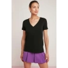 ETHIQUET Mabel Kadın 100% Pamuk V Yaka Yarım Kollu Örme Regular Fit Basıc Siyah T-shirt