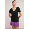 ETHIQUET Mabel Kadın 100% Pamuk V Yaka Yarım Kollu Örme Regular Fit Basıc Siyah T-shirt