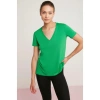 ETHIQUET Mabel Kadın 100% Pamuk V Yaka Yarım Kollu Örme Regular Fit Basıc Yeşil T-shirt