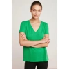 ETHIQUET Mabel Kadın 100% Pamuk V Yaka Yarım Kollu Örme Regular Fit Basıc Yeşil T-shirt
