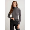 ETHIQUET Padma Kadın Slim Fit Dar Kesim Dik Yaka Viskon Karışımlı Uzun Kol Örme Antrasit Kazak