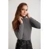 ETHIQUET Padma Kadın Slim Fit Dar Kesim Dik Yaka Viskon Karışımlı Uzun Kol Örme Antrasit Kazak