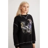 Grimelange Lorna Bisiklet Yakalı Baskılı Kontrast Dikişli Şardonlu Siyah Sweatshirt