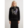 Grimelange Lorna Bisiklet Yakalı Baskılı Kontrast Dikişli Şardonlu Siyah Sweatshirt