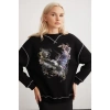 Grimelange Lorna Bisiklet Yakalı Baskılı Kontrast Dikişli Şardonlu Siyah Sweatshirt