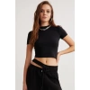 Grimelange Nıara Kadın Pamuk Elastan Bisiklet Yaka Kısa Kollu Slim Fit Crop Siyah Büstiyer