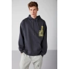 Grimelange Process Erkek Içi Polarlı Poster Baskılı Kapüşonlu Kordonlu Antrasit Sweatshirt