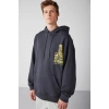 Grimelange Process Erkek Içi Polarlı Poster Baskılı Kapüşonlu Kordonlu Antrasit Sweatshirt