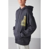 Grimelange Process Erkek Içi Polarlı Poster Baskılı Kapüşonlu Kordonlu Antrasit Sweatshirt