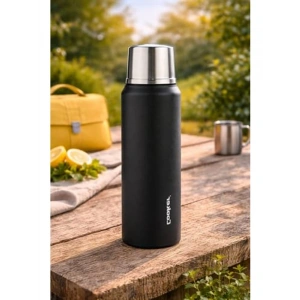 1 Litre Çelik Termos, 304 Paslanmaz Çelik, Siyah Renk