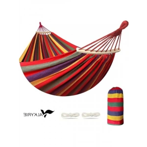2 Kişilik Renkli Kanvas Hamak 260x150 cm Taşıma Çantalı Ahşap Çubuklu Bahçe Kamp Hamağı Kırmızı
