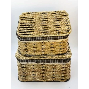 2li Kapaklı Hasır Sepet Seti - Doğal Görünüm