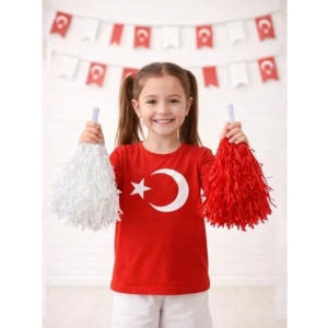 2li Kırmızı Beyaz Metalik Ponpon - Gösteri İçin