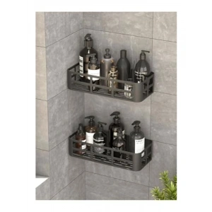 2li Yapışkanlı Banyo Rafı Seti - Antrasit Renk