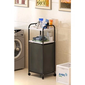 2 Raflı Frenli Tekerlekli Çamaşır Sepeti - Beyaz