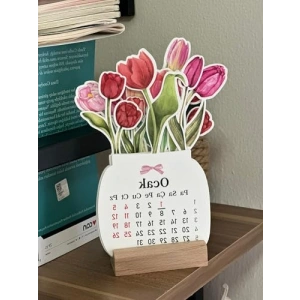 2026 Ahşap Ayaklı Mini Masaüstü Takvim - Lale Çiçek Buketi Tasarımı