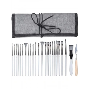 24 Parça Akrilik ve Yağlıboya Fırça Seti, Sentetik Kıllı, Ahşap Saplı, Kanvas Çantalı