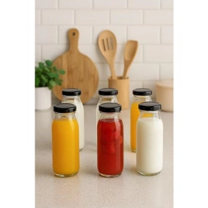 250 ml Metal Kapaklı 6 Adet Şeffaf Meyve Suyu Şişesi, Pratik Kullanım