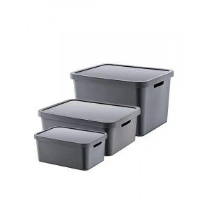 3lü Kapaklı Kutu Seti - Antrasit Renk, Farklı Kapasiteler