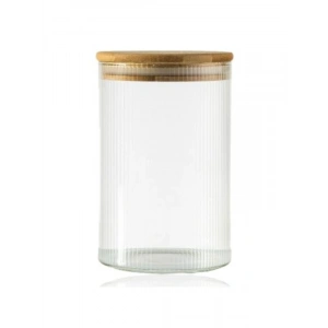 300 ml Bambu Kapaklı Yuvarlak Çizgili Cam Kavanoz