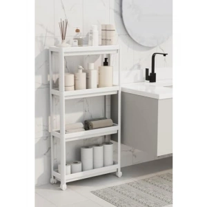 4 Katlı Tekerlekli İnce Beyaz Banyo ve Mutfak Rafı