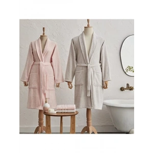 4 Parça Aile Banyo Seti - Bornoz ve Baş Havlusu Seti, Pudra Gri