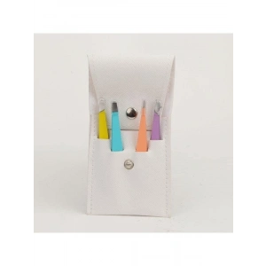 4 Parça Paslanmaz Çelik Cımbız Seti, Beyaz Deri Çanta