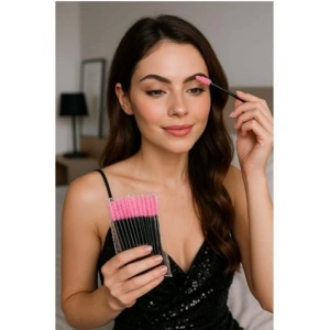 50li Pembe Tek Kullanımlık Kaş Kirpik Tarama Fırçası Seti
