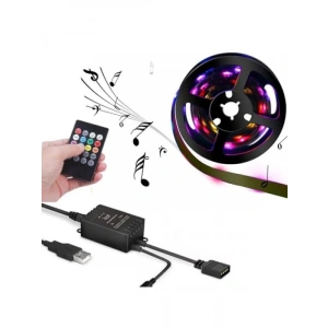 5V USB RGB Şerit LED - 100cm, Kumandalı ve Ses Sensörlü