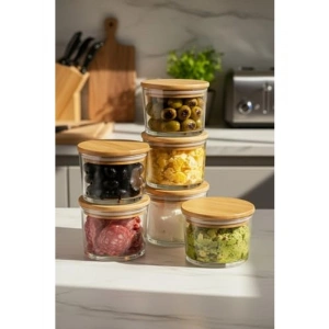 6lı Bambu Kapaklı Cam Kahvaltılık Saklama Kabı Seti, Hava Geçirmez
