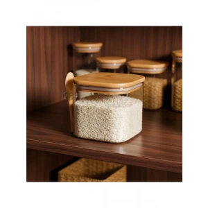 600 ml Bambu Kapaklı Cam Kavanoz - Kaşıklı Tasarım, Vakumlu Kapak