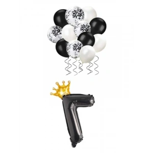 7 Rakam Siyah Folyo Balon ve Kral Tacı ile Konfetili Balon Seti