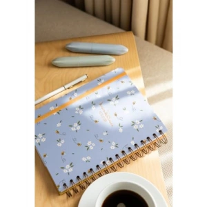 A5 Spiralli Lastikli Çizgili Not Defteri - Arı Desenli