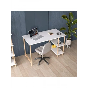 Ahşap Ayaklı Beyaz Çalışma Masası - 4 Raflı