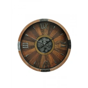 Ahşap Dönen Çarklı Otantik Kadranlı Duvar Saati, Ceviz Renk