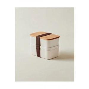 Ahşap Kapaklı 500ml Saklama Kabı – Soft Ekru, 2li Set