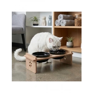 Ahşap Standlı Çift Kaseli Mama Kabı, Kedi ve Küçük Köpekler İçin